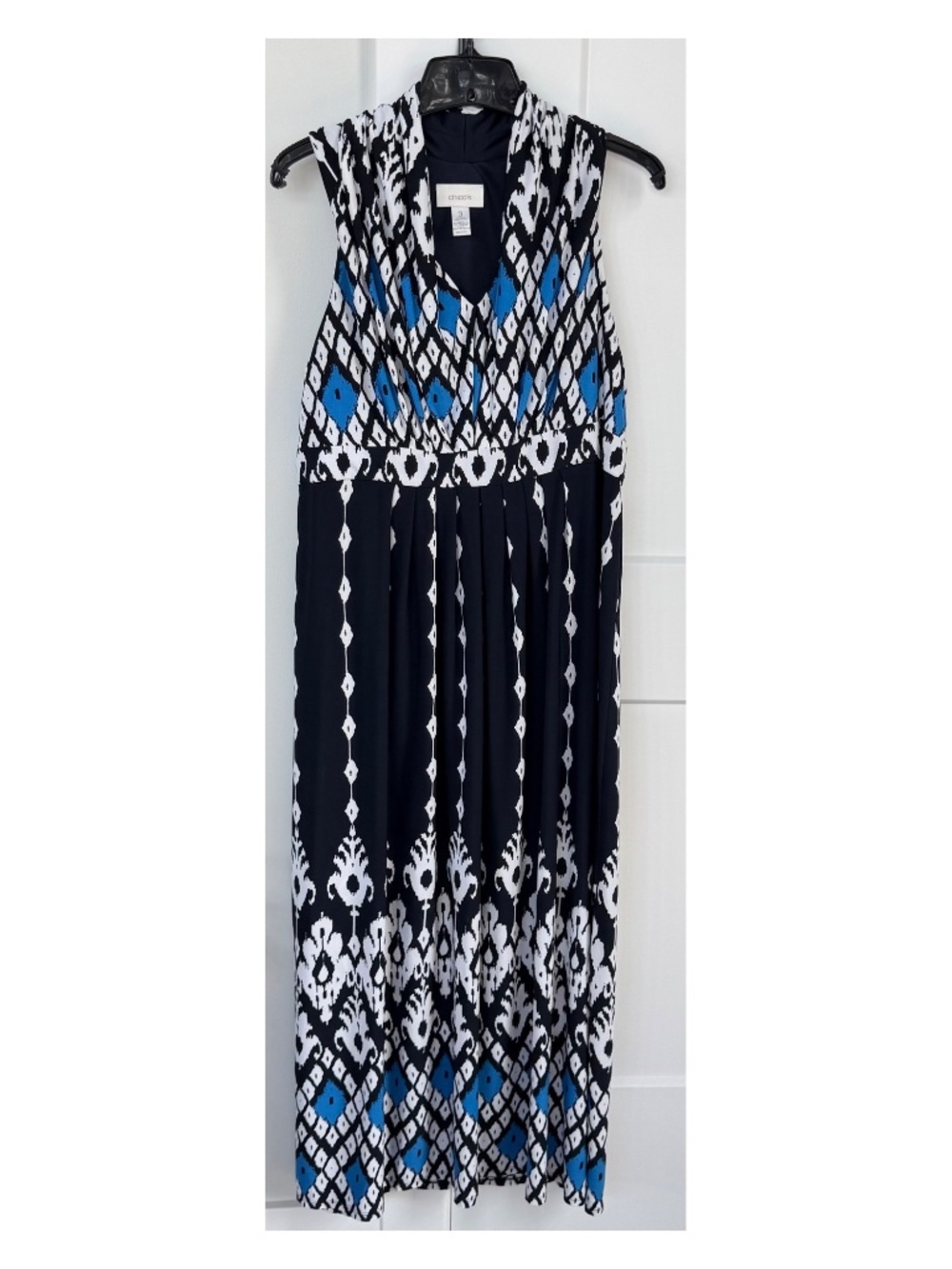 Chico's Long Summer Dress Sleeveless Black with white and Royal Blue Size 3